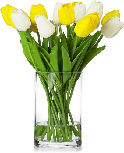 Vista 12 de ENOVA FLORAL 20 cabezas de tulipanes artificiales de tacto real para decoración de mesa de comedor, boda, decoración de granja (verde)