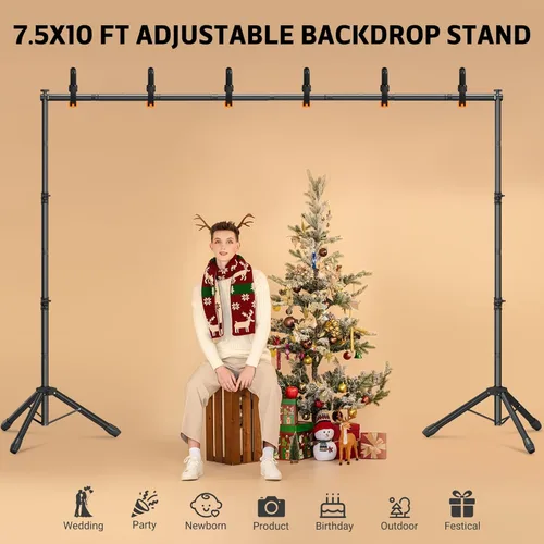 Vista 8 de Kit de soporte de fondo 3 en 1 de 10 x 7.5 pies para estudio de fotografía, soporte de fondo en forma de T para fiestas de bodas, soporte de fondo
