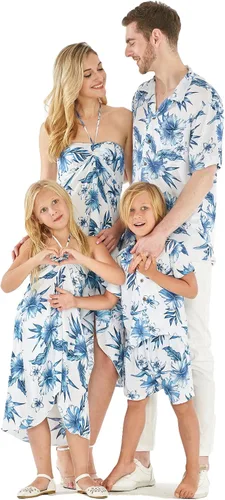 Vista 7 de Conjunto de traje de fiesta hawaiana Luau a juego para parejas, vestido camisero en color negro Rafelsia, Negro Rafelsia
