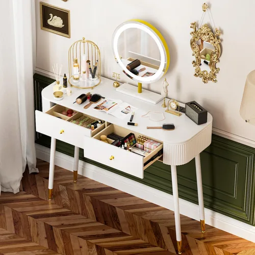 Vista 14 de WinZo Mesa de tocador de 24" con espejo y luces, pequeña mesa de tocador de maquillaje con 1 cajón de almacenamiento, elegante mesa de tocador