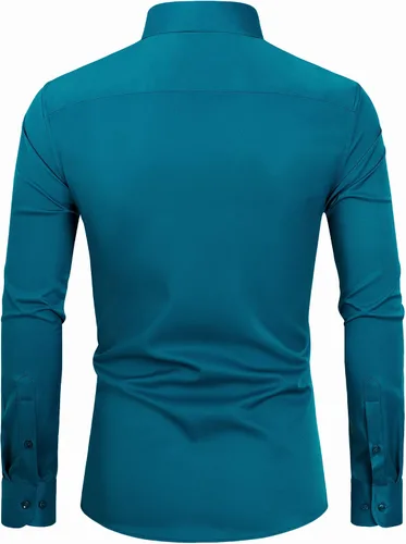 Vista 2 de DEMEANOR Camisa de vestir para hombre, ajustada, de manga larga, con botones, elástica, sin arrugas, formal, para boda, con bolsillo