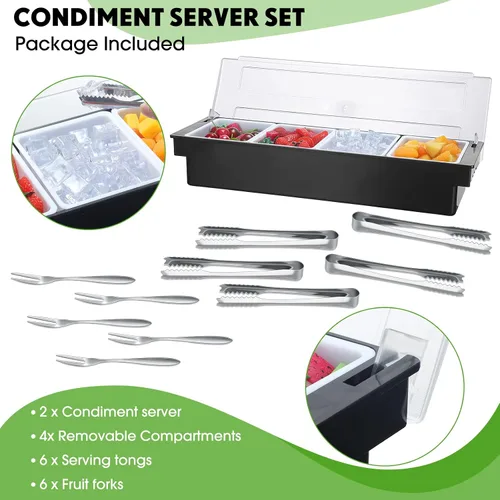 Vista 3 de Bandeja de condimentos de 2 piezas con tapa y servidor de condimentos refrigerado extraíble con 6 pinzas y 6 tenedores para servir barman ensalada