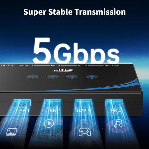 Vista 6 de eKL interruptor USB 3.0 para compartir entre 4 computadoras, 4 puertos USB 3.0, interruptor para PC, laptop, ratón, teclado, escáner, impresora