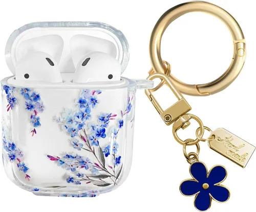 Vista 14 de Funda compatible con AirPods, funda de TPU suave con bonito patrón de flores para AirPods de 2 y 1 generación con llavero colgante y mosquetón