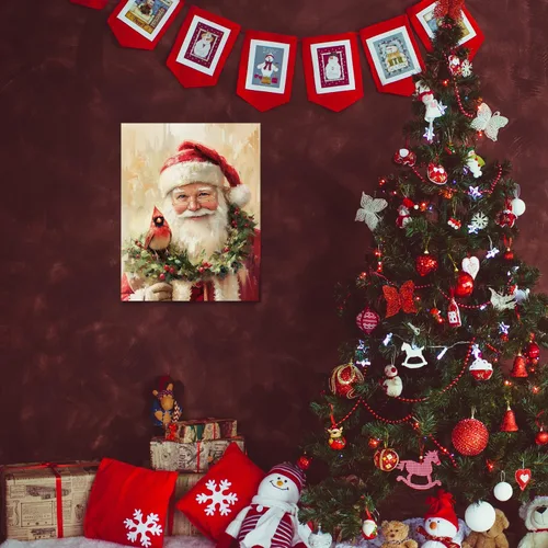 Vista 2 de Qabliqo Arte de pared enmarcado con diseño cardenal de Papá Noel, decoración rústica de pared de Navidad, vacaciones de invierno, póster de lienzo