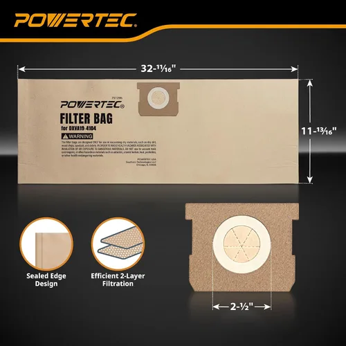 Vista 2 de POWERTEC DXVA19-4104 Shop Vac Bags 5PK para aspiradoras Dewalt de 5-8 galones en húmedo/seco DXV05P-QT, DXV05S-QT, DXV06P-QT, DXV06PL, DXV08SA