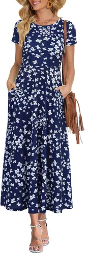 Vista 3 de Zaberry - Vestidos largos, de manga corta, con cuello redondo, estilo informal, de verano, holgado y con bolsillos para mujer
