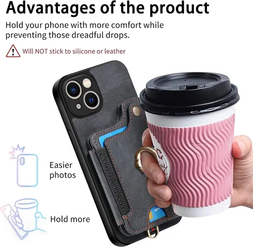 Vista 6 de Asuwish Funda de teléfono para iPhone 15 de 6.1 pulgadas con protector de pantalla de vidrio templado y correa para la muñeca, soporte para tarjeta
