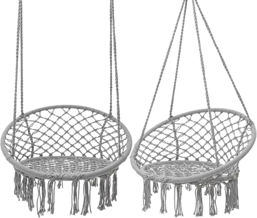 Vista 12 de Garpans Hamaca de macramé, estilo bohemio, hamaca con borlas, columpio colgante hecha a mano, cuerda de algodón tejida a mano para interiores y Beige