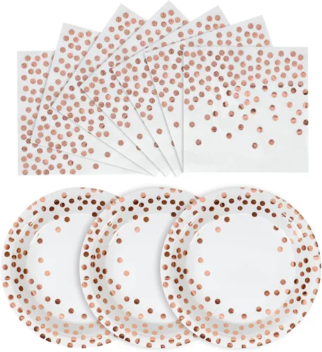 Vista 9 de Platos de papel negro y dorado, paquete de 50 unidades, 25 platos de papel de 7 pulgadas y 25 servilletas de 6.5 pulgadas, platos negros