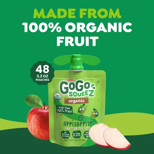 Vista 5 de GoGo squeeZ Puré de manzana orgánico y puré de fruta sin azúcar añadido, manzana manzana, bolsas de 3.2 onzas (paquete de 48), aperitivos de frutas