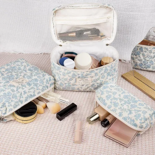 Vista 5 de Juego de bolsas de maquillaje, bolsa de maquillaje acolchada, bolsa grande para cosméticos florales para mujer, bonitas bolsas de maquillaje