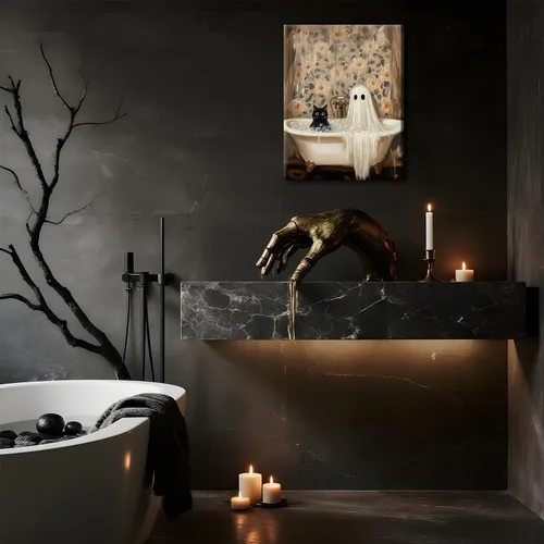 Vista 8 de Obras de arte en lienzo de fantasmas de Halloween para baño, decoración de pared con fantasmas de terror y lindo gato negro en la bañera, pinturas