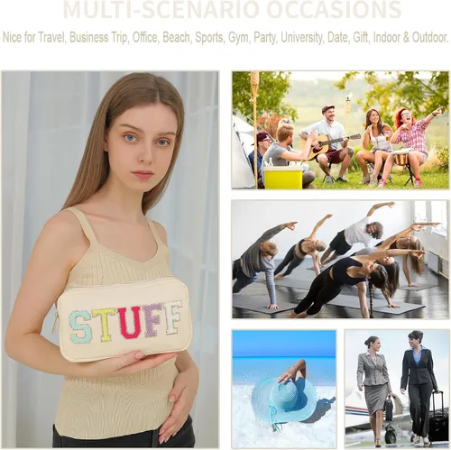 Vista 6 de Bolsa de maquillaje de viaje cosmética bolsa de maquillaje de aseo Orgnizer para mujeres, Beige-Stuff, M, Moda
