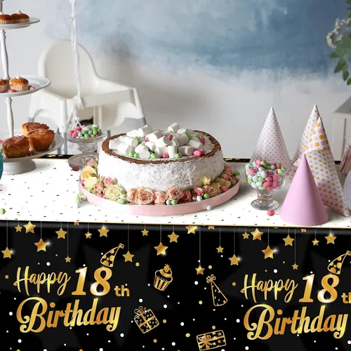 Vista 5 de Ruisita Paquete de 2 manteles rectangulares de color negro y dorado para fiestas de cumpleaños de 18 años, manteles de fiesta de cumpleaños