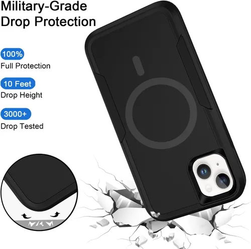Vista 6 de Funda magnética para iPhone 13, color negro, compatible con MagSafe, protección resistente, a prueba de golpes, a prueba de caídas, de doble capa