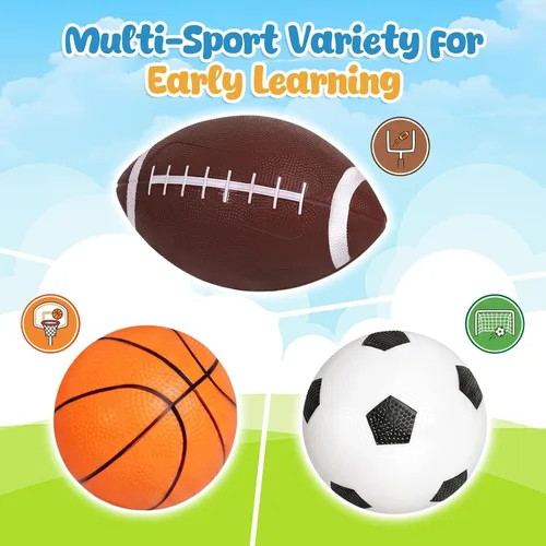 Vista 4 de Shindel Paquete de 3 pelotas deportivas, pelota de fútbol de 5 pulgadas, baloncesto y balones de fútbol americano de 7 pulgadas para niños