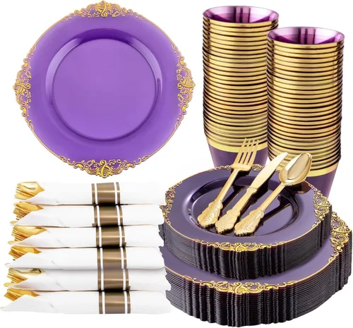 Vista 12 de Nervure 175 platos de plástico negro, platos de fiesta desechables para 25