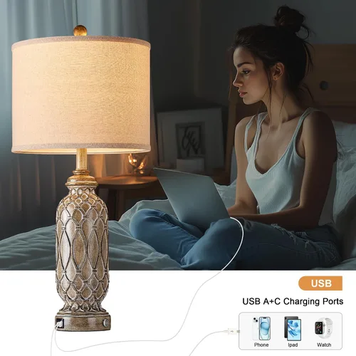 Vista 2 de Juego de 2 lámparas de granja para dormitorio, lámparas de mesa vintage de 28 pulgadas para sala de estar con puertos de carga USB A+C, lámparas