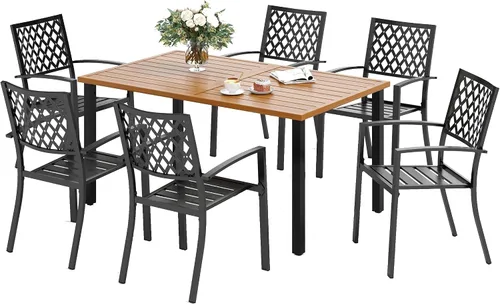 Vista 19 de SUNSHINE VALLEY Juego de 7 sillas de comedor para patio, material metálico, 6 sillas de comedor de color teca rectangular con agujero para sombrilla