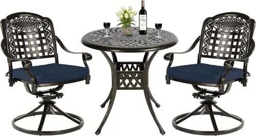 Vista 11 de Juego de comedor de patio al aire libre de 3 piezas, juego de conversación de aluminio fundido para todo tipo de clima con 2 cojines giratorios