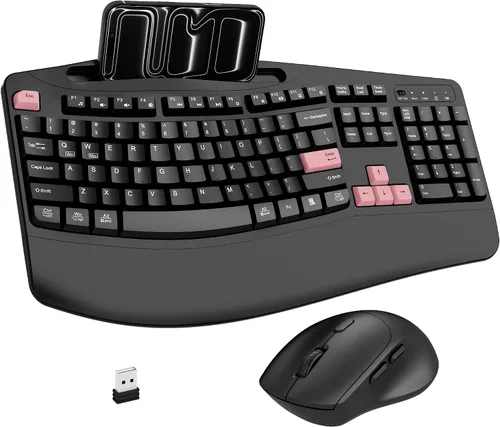 Vista 12 de Combo de teclado y mouse inalámbricos, teclas onduladas de tamaño completo 2.4G, teclado ergonómico con reposamuñecas, soporte para teléfono, mouse