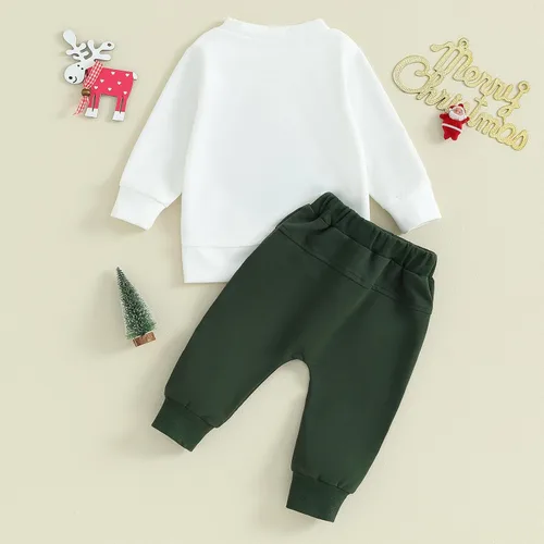Vista 7 de Muasaaluxi Traje de Navidad para bebé recién nacido, con estampado de árbol de Navidadletras, pantalones deportivos, 2 piezas, trajes de otoño 0-3T