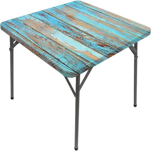 Vista 33 de Mesa cuadrada de tablones de madera, impresión de textura de tablones de madera, borde elástico, adecuada para catering y cocina, apta para mesa