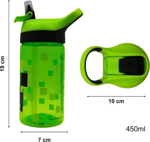 Vista 3 de Minecraft Atlantic Creeper - Botella de agua escolar de plástico ecológico freindly libre de BPA con popote extraíble, a prueba de derrames, regalo
