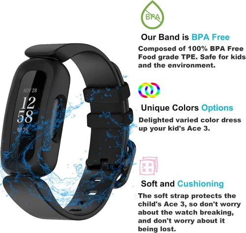 Vista 4 de Correas compatibles con Fitbit Ace 3, silicona suave, impermeable, accesorios de pulsera de reloj deportivo, correa de repuesto para Fitbit Ace 3