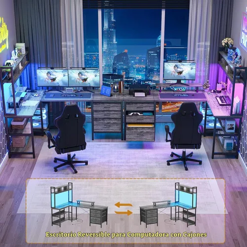 Vista 6 de Aheaplus Escritorio en forma de L con alacena, escritorio para juegos con luces LED, escritorio reversible para computadora con toma de corriente