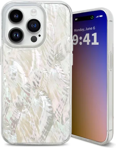 Vista 10 de Funda para iPhone fabricada con concha marina genuina única, duradera, impresionante hermosa, protección contra caídas, funda estética de lujo Beige