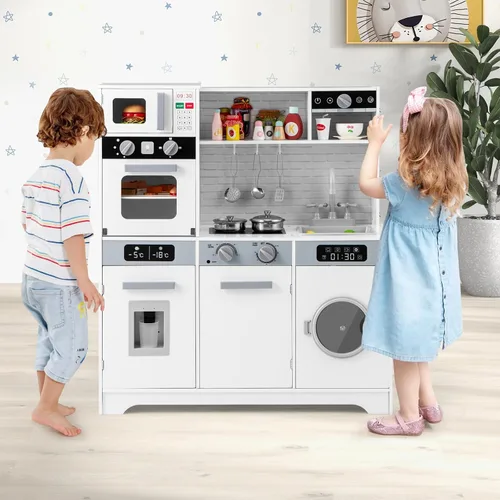 Vista 9 de Costzon Juego de cocina para niños, juego de madera para niños pequeños con luces y sonidos reales, fregadero, grifo, dispensador de agua, Blanco