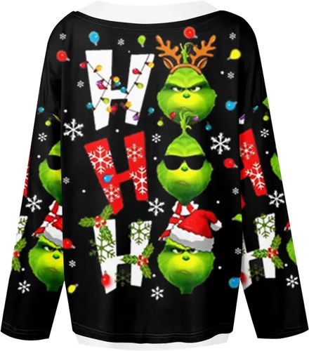 Vista 3 de WJDSZBD Suéter feo de Navidad para mujer, estampado de monstruo verde, manga larga, cuello redondo, sudaderas de fiesta de talla grande