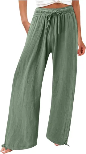 Vista 8 de SHAOBGE Pantalones palazzo de verano para mujer, cintura alta, pierna ancha, casual, cintura elástica, pantalones de playa con bolsillos