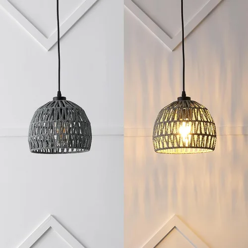 Vista 6 de JONATHAN Y Lámpara colgante LED de cuerda tejida bohemia moderna gris de 8.25 pulgadas, lámpara de techo de cúpula ajustable para isla de cocina