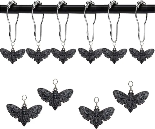 Vista 4 de Anillos de cortina de ducha con cabeza de muerte de calavera de Hawkmoth, 12 piezas de polilla muerta con cara de calavera para Halloween, anillos