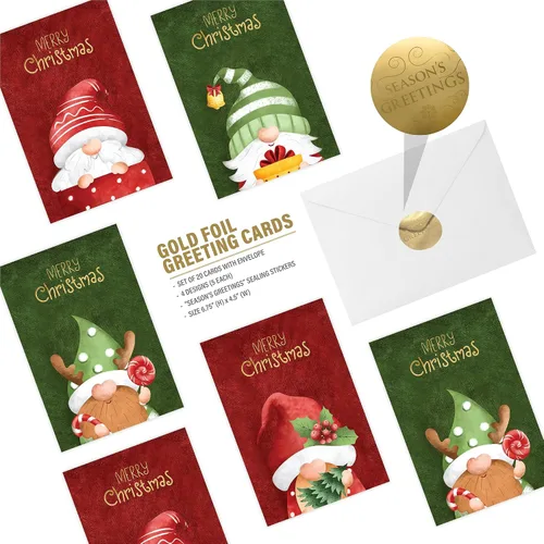 Vista 2 de easykart labels 20 tarjetas de gnomo navideño con sobres y pegatinas de sellado, 4 diseños navideños de Santa con efecto de hoja dorada, 6.75" x