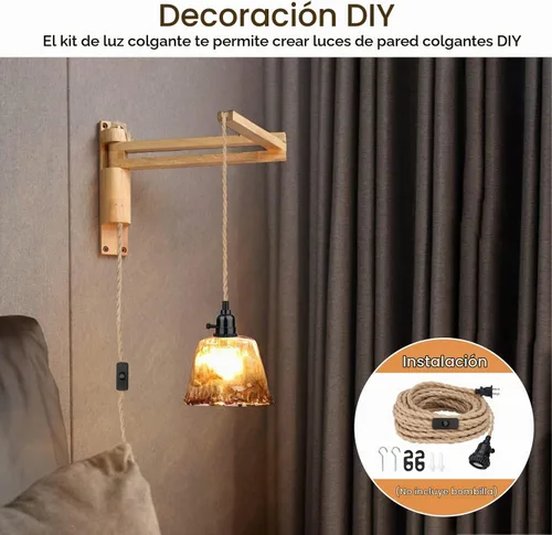 Vista 6 de Kit de luces colgantes de 16.5 pies, luces colgantes con cable de enchufe e interruptor, lámpara colgante de cuerda de cáñamo E26, cable de linterna