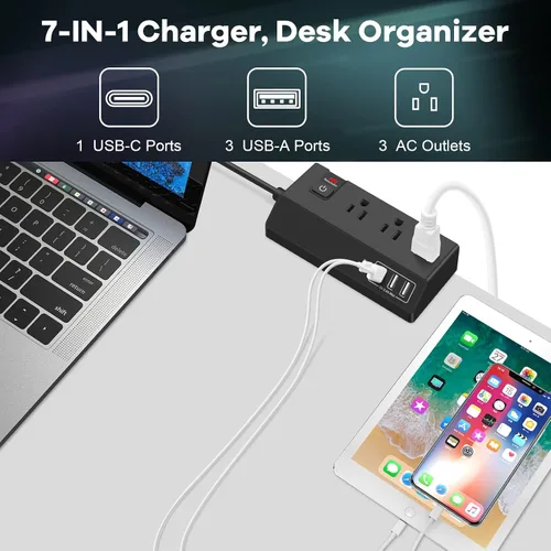 Vista 2 de Regleta de alimentación con abrazadera de escritorio de 3 salidas con 4 puertos USB, protector de sobretensiones de montaje en borde de escritorio