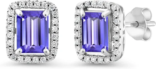Vista 50 de Gem Stone King Aretes de plata de ley 925 con piedra natal Corte esmeralda de 0.315 x 0.236 in Aretes de halo para mujer