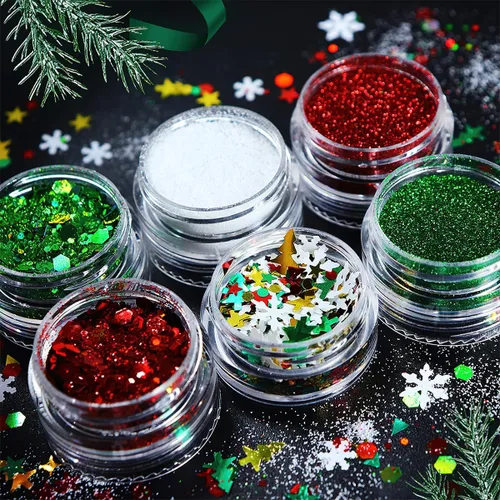 Vista 2 de Dijes de uñas de Navidad con purpurina en polvo rojo y verde para uñas, lentejuelas, holográfico, blanco, diamante, hielo, aurora, azúcar, arena