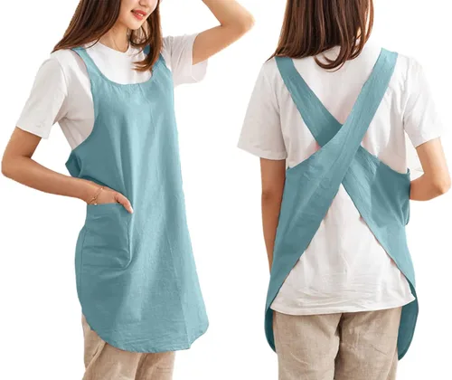 Vista 13 de Delantales de algodón con espalda cruzada, color sólido, para cocina, jardín, para mujeres y niñas con bolsillos