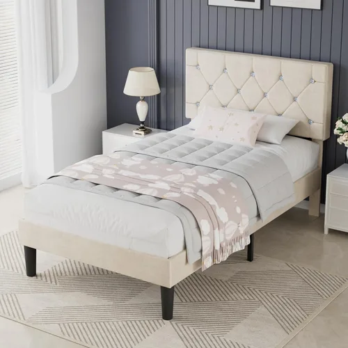 Vista 5 de VECELO Base de cama tamaño individual con plataforma tapizada con cabecera ajustable de botones de diamante, soporte de listones de madera,