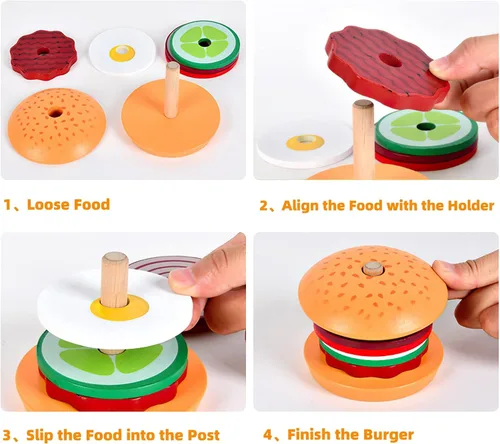Vista 3 de Juguetes de hamburguesas de madera para apilar para niños, alimentos de juego Montessori para niños pequeños, juguetes educativos para niños de más