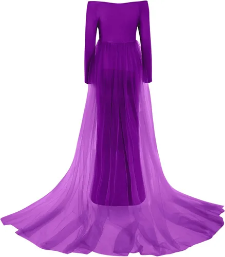 Vista 4 de Vestido de maternidad de manga larga con hombros descubiertos para mujer, de tul elegante, ajustado, para baby shower, fotografía, maxi vestido