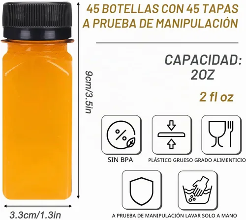 Vista 2 de TOMNK 45 botellas de plástico de 2 onzas con tapas, botellas de chupito de jengibre, recipientes reutilizables transparentes a granel para inyección