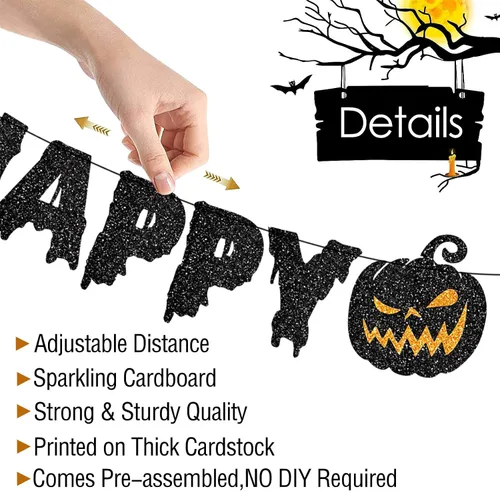 Vista 3 de Cartel de Feliz Halloween, guirnalda de papel para colgar, decoración de calabaza sangrienta, telón de fondo de fotos para pared, hogar, manto