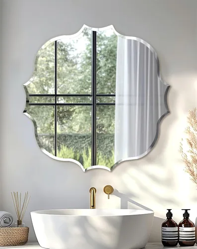 Vista 24 de Espejo de pared ovalado sin marco: Espejo decorativo elíptico de vidrio espejado para tocador con borde plateado biselado para baño, dormitorio