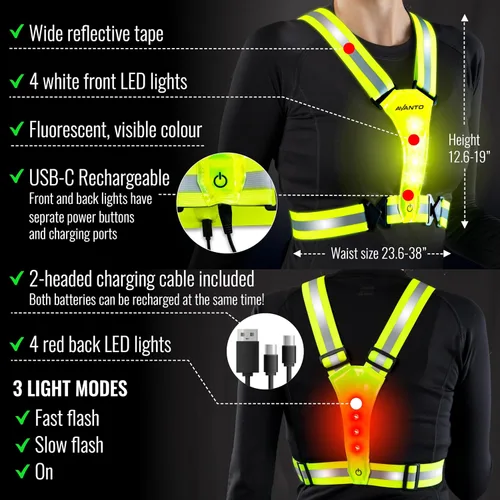 Vista 3 de Chaleco Reflectante LED Avanto, Original, Equipo Reflectante para Correr Recargable USB-C, Luces para Corredores, Equipo de Alta Visibilidad